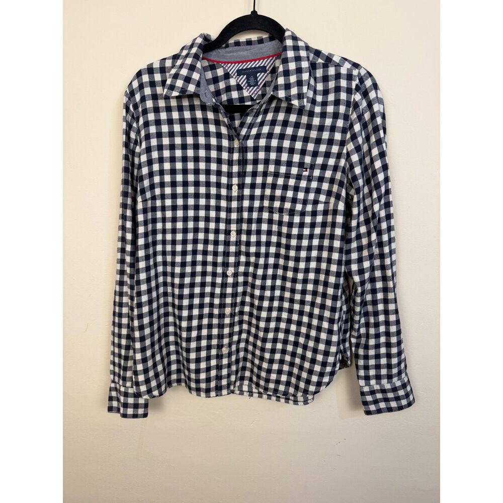 Tommy Hilfiger Gingham Shirt L Navy White Cotton Button Down Preppy Classic